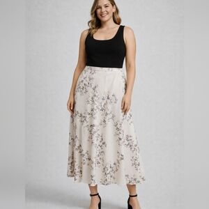LC Lauren Conrad Cream Floral Maxi Skirt with Subtle Pink & Green Motif